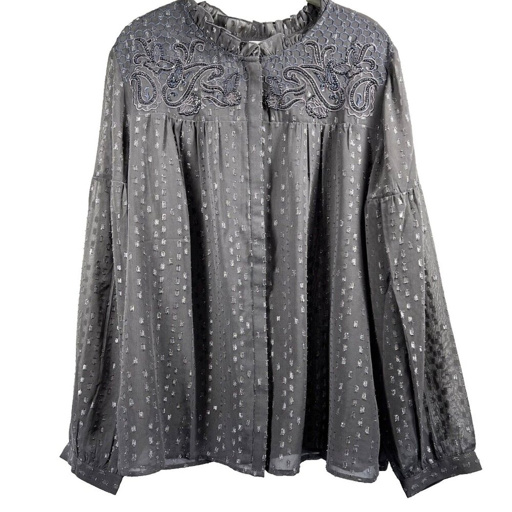 Chicos Women's Blouse Size XL Whimsy Goth Metallic‎ Gray Beaded Bohemian Sheer